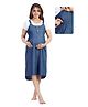 Fabme Denim Woven Half Sleeves Solid Maternity Dungaree Dress With Nursing Access With Attached Tee - Blue