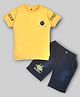 Hrit Cotton Knit Half Sleeves Smiley & Typography Printed Tee With Mild Washed Denim Shorts Set - Yellow & Blue
