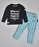 Kiwi Cotton Knit Full Sleeves Alphabets Printed Tee With Striped Pant Set - Black & Blue