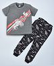 Hrit Cotton Knit Half Sleeves Motorbike Printed Tee & Joggers Set - Grey & Black