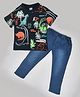 Kiwi Cotton Knit Half Sleeves Dinosaur Printed Tee & Denim Jeans Set - Blue