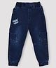Hrit Denim Knit Full Sleeves Urban Street Text Printed Washed Jeans - Blue