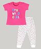Kiwi Cotton Knit Half Sleeves Stay Wild Girl Text Printed Top & Hearts Printed Lounge Pant Set - Pink & White