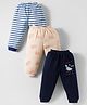 Mini Donuts Interlock Knit Lounge Pant With Stripes & Bird Print Pack Of 3 - Navy Blue Light Blue & Light Orange