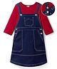 Hola Bonita Cotton Rib Knit Three Fourth Sleeves Top with Knee Length Denim Dungaree Dress - Blue & Red