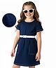Hola Bonita Denim Woven Half Sleeves Knee Length Dress with Belt - Navy Blue
