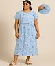 Putchi Cotton Knit Half Sleeves Floral Printed Maternity Dress With Two Layer Lift Nursing Access - Blue
