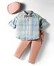 ToffyHouse 100% Cotton Woven Full Sleeves Checkered Shirt & Trouser Set with Bow Cap & Suspender - Coral
