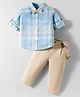 ToffyHouse 100% Cotton Woven Full Sleeves Checkered Shirt & Trouser Set with Bow & Suspender - Light Blue & Tan