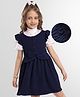 Hola Bonita Knit Half Sleeves Knee Length Dress With Floral Design & Bow Applique - Navy Blue & White