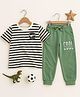 Bubble Berry Cotton Knit Half Sleeves Striped & Dinosaur Printed Tee With Joggers Set - White & Green