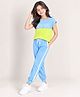 Bubble Berry Cotton Knit Half Sleeves Colour Blocked & Fresh Vibes Text Printed Tee & Joggers Set - Light Blue & Lime Green