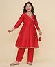 Bitiya By Bhama Silk Woven Three Fourth Sleeves Abstract Embroidered Lace Embellished Angarakha Style Kurta Pant Set - Red
