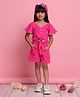 Saka Designs By Sapna Woven Half Sleeves Textured Tie Up Top & Coordinating Shorts Set - Magenta