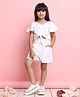 Saka Designs By Sapna Woven Half Sleeves Textured Tie Up Top & Floral Applique Detailed Shorts Set - White