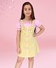 Cutecumber Cotton Woven Cold Shoulder Sleeves Checked & Bow Printed Pinafore Style Dress - Yellow