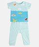 MINI KLUB Cotton Knit Half Sleeves Dinosaurs Printed Tee & Diaper Pajama Set - Blue