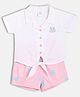 MINI KLUB Cotton Woven Half Sleeves Floral Embroidered Shirt Style Top & Polka Dots Printed Shorts Set - White & Pink