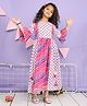 LIL PITAARA Pure Cotton Woven  Three Fourth Bell Sleeves Floral Lehriya Printed & Gota Lace Embellished Dress - Pink
