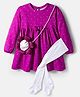 Babyhug Single Jersey Knit Full Sleeves Polka Dots Printed Frock With Leggings & Floral Sling Bag - Purple
