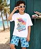 Kookie Kids Disney 100% Cotton Drop Shoulder Half Sleeves T-Shirt With Short Set With Mickey Mouse Graphic - Blue & White