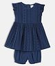 MINI KLUB Cotton Woven Frill Sleeves Schiffli Embroidered Dress With Bloomer - Navy Blue