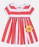 MINI KLUB Cotton Knit Half Sleeves Striped &  Baby Lion Applique Detailed Dress - White & Red