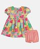 MINI KLUB Cotton Woven Half Puffed Sleeves Houses Printed Dress With Bloomer - Pink