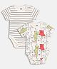 MINI KLUB Cotton Knit Pack Of 2 Half Sleeves Bears Printed & Striped Onesies - White & Beige