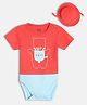 MINI KLUB Cotton Knit Half Sleeves Bear Printed Cut & Sew Onesie With Cap - Red & Blue