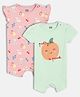 MINI KLUB Cotton Knit Pack Of 2 Half Sleeves Peach & Cats Printed Rompers - Pink & Blue