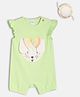 MINI KLUB Cotton Knit Frill Sleeves Dog Embroidered & Applique Detailed Romper With Cap - Green