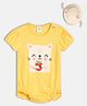 MINI KLUB Cotton Knit Half Puffed Sleeves Cat Printed Onesie With Cap - Yellow