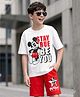 Kookie Kids Disney Single Jersey Knit Drop Shoulder Half Sleeves T-Shirt & Shorts Set With Mickey Mouse Graphics - White & Red