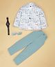 Rikidoos Full Sleeves Abstract Printed Blazer With Tee & Pant Set - White & Sea Green