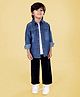 Kiddopanti Cotton Knit Solid Tee & Chino Pants With Full Sleeves Denim Mild Washed Shirt Set - Medium Blue White & Black