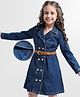 Hola Bonita Cotton Woven Full Sleeves Knee Length Solid Denim Shirt Dress with Belt - Navy Blue