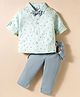 Child World Textile Woven Full Sleeves Shirt & Trouser Set with Tree Print Suspender & Bow - Light Blue