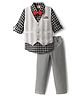 Rikidoos Full Sleeves Checked & Striped Embroidered 3 Piece Party Suit Set With Bow - Grey & Black