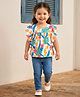 Babyhug Rayon Knit Flutter Sleeves Top & Denim Jeans Set With Floral & Leaf Print - White & Blue