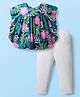 Babyhug Rayon Knit Flutter Sleeves Top & Denim Jeans Set With Floral & Leaf Print - Navy Blue & White