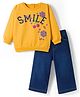 Babyhug Terry Knit Full Sleeves Top and Jeans Set With Smile Text Print - Yellow & Blue