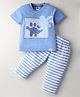 Teddy Sinker Sinker Knit Half Sleeves Night Suit With Stripes - Light Blue