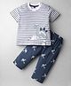 Teddy Sinker Knit Half Sleeves Night Suit with Stripe & Dino Print - Navy Blue