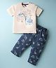Teddy Sinker Knit Half Sleeves Night Suit with Dino Print - Beige
