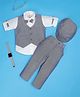 Rikidoos Full Sleeves Checked 3 Piece Party Suit Set With Bow & Cap - Light Blue & White