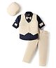 Rikidoos Full Sleeves Solid 3 Piece Party Suit Set With Cap & Bow - Beige & Navy Blue