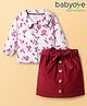 Babyoye Cotton Woven Full Sleeves Front Open Top & Skirt Set With Floral Print - White & Red