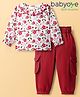 Babyoye Cotton Woven Full Sleeves Top & Trouser Set With Floral Print - White & Red