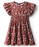 Pine Kids Cotton Knit Flutter Sleeves Dress with Floral Print & Cinched Waist - Fire Brick Maroon